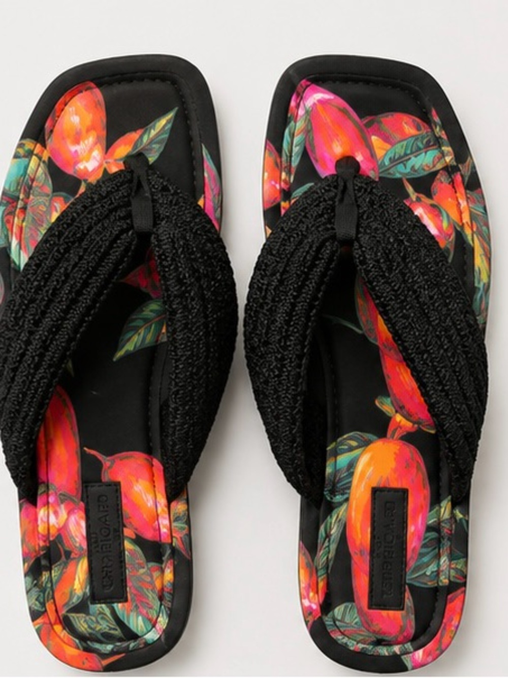 FARM Rio Black Knit-Striped Floral-Print Flip Flops